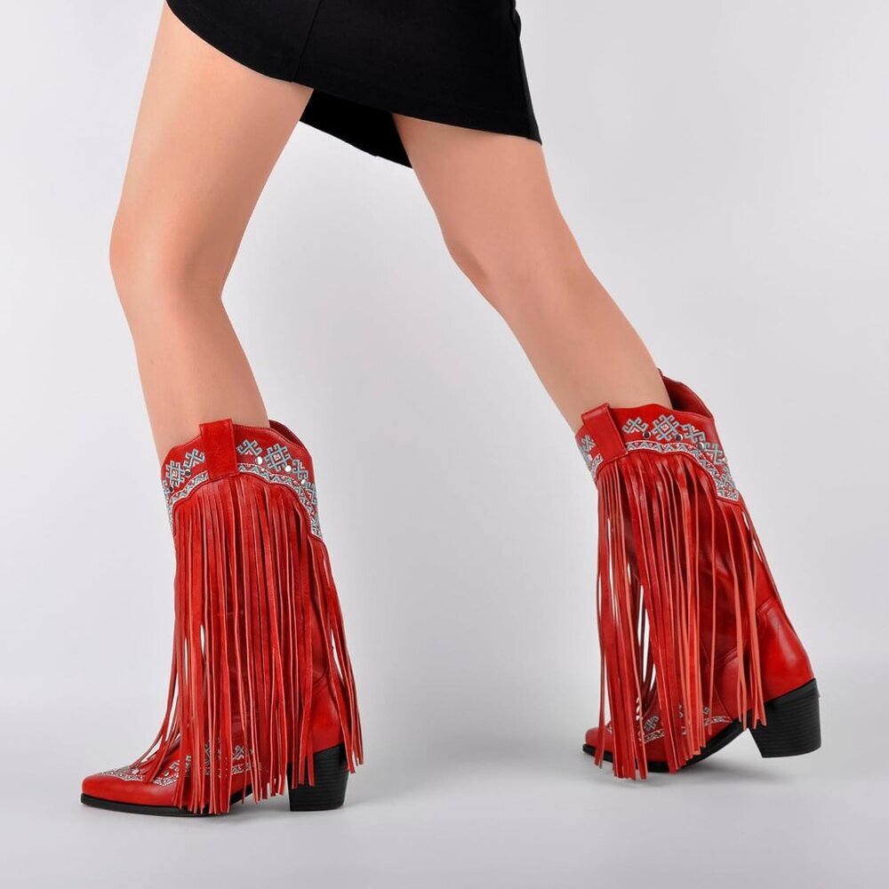⚡Women's Red Mid Calf Cowgirl Boot With Rivets Pull On Chunky Heel Embroidered - Picture 4 of 6